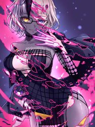 Rule 34 | 1girl, black dress, blue eyes, breasts, colored skin, dress, fate/grand order, fate (series), glasses, grey hair, grey skin, highres, horns, jacques de molay (foreigner) (fate), jacques de molay (foreigner) (third ascension) (fate), medium breasts, revealing layer, yellow eyes