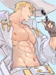 Rule 34 | 1boy, alternate color, amatuki, blonde hair, blue background, blue eyes, brown gloves, closed mouth, coat, collarbone, fingerless gloves, fingernails, glasses, gloves, guilty gear, guilty gear xrd, hand in pocket, highres, johnny (guilty gear), male focus, muscular, muscular male, open clothes, open coat, pectoral cleavage, pectorals, simple background, sitting, smile, solo, sunglasses, sunglasses removed, topless male, white coat