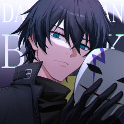 Rule 34 | 1boy, black coat, black gloves, black hair, blue eyes, closed mouth, coat, copyright name, darker than black, frown, gloves, hair between eyes, hei (darker than black), high collar, highres, holding, holding mask, ku qiao kujo, looking at viewer, looking down, male focus, mask, unworn mask, popped collar, portrait, red pupils, solo, turtleneck