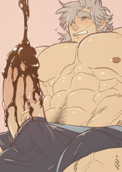 Rule 34 | 1boy, bara, chocolate, chocolate on body, chocolate on penis, copyright request, male focus, marototori, muscular, penis, pov, simple background, solo, underwear