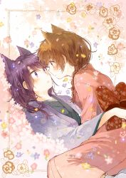 Rule 34 | 2girls, animal ears, bad id, bad pixiv id, border, bow, braid, brown eyes, brown hair, cat ears, expressionless, extra ears, eye contact, eyelashes, face-to-face, floral background, floral print, flower, flower request, framed, front braid, girl on top, gouhou yuri fuufu hon, hachi kou, hair over shoulder, hug, itou hachi, japanese clothes, kimono, light smile, long sleeves, looking at another, multicolored background, multiple girls, nervous, original, petals, pink background, purple eyes, purple hair, red bow, sash, short hair, single braid, smile, traditional youkai, white background, wide-eyed, yukata, yuri