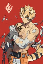 Rule 34 | 1boy, animal ears, arm tattoo, blonde hair, blue eyes, chain, chained wrists, chest tattoo, clenched hand, collarbone, facial tattoo, highres, male focus, navel, orange legwear, original, patient zero, red background, solo, tail, tattoo, tiger ears, tiger tail, toned, toned male, topless male