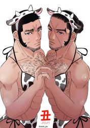 Rule 34 | 2021, 2boys, abs, animal ears, animal print, bara, black hair, bra, buzz cut, chest hair, chinese zodiac, cow boy, cow ears, cow horns, cow print, crossdressing, dark-skinned male, dark skin, facial hair, from side, golden kamuy, hairy, happy new year, highres, holding hands, horns, interlocked fingers, large pectorals, long sideburns, looking at viewer, male focus, mature male, multiple boys, muscular, muscular male, new year, nipples, nzo (oishii pie), panties, pectoral cleavage, pectoral docking, pectoral press, pectorals, print bra, print panties, rikimatsu ariko, short hair, sideburns, stomach, stubble, sweatdrop, tanigaki genjirou, thick eyebrows, underwear, very short hair, yaoi, year of the ox