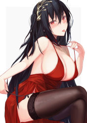 Rule 34 | 1girl, :p, ahoge, azur lane, bare shoulders, black hair, blush, breasts, choker, cleavage, cocktail dress, collarbone, crossed legs, dress, garter straps, hair between eyes, hair ornament, highres, kazuha (saku kn), large breasts, long hair, looking at viewer, official alternate costume, one side up, red choker, red dress, red eyes, sitting, smile, solo, taihou (azur lane), taihou (forbidden feast) (azur lane), thighhighs, thighs, tongue, tongue out, very long hair