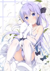 Rule 34 | 1girl, :o, ahoge, azur lane, bare shoulders, black bow, black ribbon, blush, boots, bow, commentary request, criss-cross halter, detached sleeves, dress, flower, hair between eyes, hair bun, hair ribbon, halterneck, head tilt, highres, long hair, long sleeves, looking at viewer, no panties, hugging object, one side up, parted lips, purple eyes, purple hair, ribbon, shoe soles, side bun, single hair bun, single side bun, sitting, sleeves past wrists, solo, stuffed animal, stuffed toy, stuffed winged unicorn, thigh boots, thighhighs, tomoo (tomo), unicorn (azur lane), very long hair, water, white dress, white flower, white footwear, white sleeves, white thighhighs