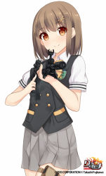 Rule 34 | 1girl, aiming, aiming at viewer, assault rifle, bipod, blush, buttons, collared shirt, cowboy shot, grey skirt, gun, holding, holding gun, holding weapon, howa type 89, looking at viewer, muzzle device, original, pleated skirt, rifle, shirt, short hair, short sleeves, shuuichi, simple background, skirt, solo, tareme, trigger discipline, vest, weapon, white background, white shirt
