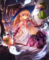 Rule 34 | 10s, 1girl, :d, artist request, bare shoulders, barrel, blonde hair, blue eyes, braid, cygames, elbow gloves, ghost, gloves, grin, hat, lamppost, midriff, navel, necromancer, official art, open mouth, package, pantyhose, playful necromancer, pumpkin, ribbon, shadowverse, shingeki no bahamut, skirt, smile, staff, striped clothes, striped gloves, striped legwear, striped pantyhose, town, witch hat