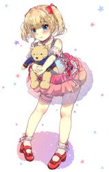 Rule 34 | 1girl, blonde hair, blue eyes, blush, bow, bridal garter, choker, closed mouth, detached sleeves, eyebrows, frills, full body, hair bow, hair ribbon, highres, legs apart, looking at viewer, mary janes, own hands together, puffy sleeves, red bow, red footwear, ribbon, ricca55, saenai heroine no sodatekata, sawamura spencer eriri, see-through, shoes, smile, socks, solo, standing, star (symbol), stuffed animal, stuffed toy, teddy bear, twintails, white background, white socks