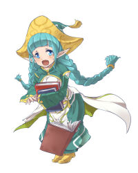 Rule 34 | 1girl, :o, aqua hat, blue eyes, blue hair, blunt bangs, blush, book, braid, breasts, chocotto land, dress, elf, hat, holding, holding book, ico6, leaning forward, long sleeves, looking at viewer, medium breasts, pointy ears, solo, sweatdrop, twin braids, twintails, white background, white dress, wide sleeves, yellow footwear