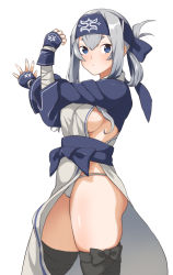 Rule 34 | 10s, 1girl, ainu clothes, bandana, black thighhighs, blue bandana, blue eyes, blue headband, breasts, commentary request, covered erect nipples, cowboy shot, doushimasho, folded ponytail, from side, headband, kamoi (kancolle), kantai collection, long hair, looking at viewer, medium breasts, sideboob, sidelocks, silver hair, simple background, solo, standing, stretching, thighhighs, white background