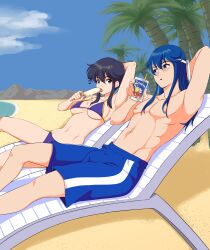 Rule 34 | 1boy, 1girl, absurdres, assertive female, bad source, beach, bikini, black hair, blue hair, blue male swimwear, blue swim trunks, blush, breasts, bulge, chair, commission, commissioner upload, couple, day, drinking straw, dripping, eye contact, fire emblem, fire emblem: genealogy of the holy war, fire emblem heroes, food, hair down, headband, highres, holding, holding food, holding popsicle, ice cream, juice box, larcei (fire emblem), looking at another, lounge chair, lying, male swimwear, medium breasts, melting, navel, nintendo, ocean, open mouth, palm tree, popsicle, rs40uchiha, seliph (fire emblem), sexually suggestive, single vertical stripe, summer, swim trunks, swimsuit, tomboy, tree