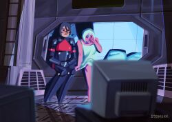 Rule 34 | 2girls, android, ariane yeong, barefoot, black hair, crt, crying, crying with eyes open, dress, elster (signalis), expressionless, grey hair, highres, implied yuri, low poly, multiple girls, no feet, robot girl, science fiction, screen light, short hair, side-by-side, signalis, spacecraft interior, steriskk, tears, watching television, white dress