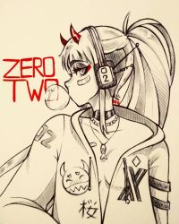 Rule 34 | 10s, 1girl, bad id, bad instagram id, bandaid, bandaid on face, blowing bubbles, choker, coat, darling in the franxx, fish, headphones, highres, horns, jewelry, naked coat, necklace, pendant, ponytail, profile, red.diam0nd, simple background, solo, spot color, zero two (darling in the franxx)