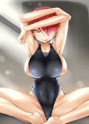 Rule 34 | 1girl, :p, arms up, breasts, competition swimsuit, hair over one eye, highleg, highleg swimsuit, huge breasts, legs, looking at viewer, one-piece swimsuit, original, pink hair, sideboob, solo, swimsuit, thighs, tongue, tongue out, usyuuri, yellow eyes