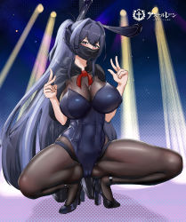 Rule 34 | 1girl, absurdres, animal ears, azur lane, black footwear, black pantyhose, bodystocking, breasts, cameltoe, cleavage, covered navel, double v, dynamotor, fake animal ears, heart, heart-shaped pupils, high heels, highres, huge breasts, huge filesize, impossible clothes, large breasts, leotard, long hair, mask, mouth mask, new jersey (azur lane), new jersey (exhilarating steps!) (azur lane), official alternate costume, oversized breast cup, pantyhose, playboy bunny, pole, purple hair, purple leotard, rabbit ears, see-through, see-through cleavage, shoes, skin tight, skindentation, solo, squatting, stage lights, strapless, strapless leotard, symbol-shaped pupils, thighs, v, very long hair