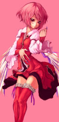 Rule 34 | 1girl, angel wings, binayu, blush, claws, dress, female focus, fingernails, fur, long fingernails, long sleeves, looking at viewer, mystia lorelei, no headwear, pink hair, red eyes, red theme, red thighhighs, short hair, simple background, solo, thighhighs, touhou, unbuttoned, wide sleeves, wings, zettai ryouiki