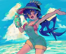 Rule 34 | 1girl, alternate costume, alternate hairstyle, arms up, bikini, bikini top only, black hair, cherry, choker, cloud, cowboy shot, cup, drink, drinking glass, drinking straw, filia (skullgirls), food, fruit, ice cream, jewelry, keep charge, long hair, necklace, ocean, open mouth, overall shorts, overalls, red eyes, samson (skullgirls), skullgirls, smile, solo, swimsuit, visor cap, water, wet
