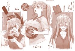 Rule 34 | 1girl, ball, blush, breasts, chopsticks, cleavage, closed mouth, collarbone, collared shirt, fate/grand order, fate (series), food, greyscale, gym shirt, highres, large breasts, long hair, looking at viewer, mitsurugi sugar, miyamoto musashi (fate), monochrome, multiple views, open mouth, ponytail, shirt, short sleeves, sleeveless, sleeveless shirt, smile, sweater vest, swept bangs, translation request, volleyball (object)