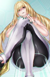 Rule 34 | 1girl, ass, bare shoulders, blonde hair, blush, breasts, creatures (company), crossed legs, dress, eyes visible through hair, from below, game freak, green eyes, green nails, hair over one eye, highres, hikari (komitiookami), legs, long hair, looking at viewer, looking down, lusamine (pokemon), md5 mismatch, nail polish, nintendo, open mouth, own hands together, pokemon, pokemon sm, resolution mismatch, revision, short dress, sitting, smile, solo, source smaller, teeth, thighs, upper teeth only, very long hair, white dress