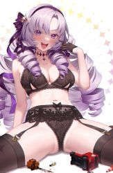 Rule 34 | 1girl, bare shoulders, black gloves, blush, breasts, cleavage, collarbone, drill hair, garter straps, gloves, hair ribbon, hayate (leaf98k), highres, hyakumantenbara salome, large breasts, light purple hair, lingerie, long hair, looking at viewer, midriff, navel, nijisanji, open mouth, parted bangs, purple eyes, ribbon, smile, solo, thick thighs, thighs, underwear, underwear only, virtual youtuber, white background