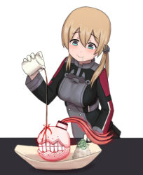 Rule 34 | 10s, 1girl, anchor hair ornament, aqua eyes, blonde hair, commentary, drooling, escort fortress (kancolle), hair ornament, kantai collection, meme, misumi (niku-kyu), pouring, prinz eugen (kancolle), saratoga (kancolle), smile, teeth, twintails