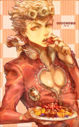 Rule 34 | 1boy, agnesgd, bad id, bad pixiv id, berry, blonde hair, braid, earrings, eating, eyelashes, food, fruit, giorno giovanna, holding, holding food, holding fruit, jewelry, jojo no kimyou na bouken, lips, male focus, nail polish, orange (fruit), pectoral cleavage, pectorals, plate, polka dot, ponytail, single braid, solo, strawberry, striped, syrup, text focus, vento aureo, waffle, yellow eyes, zipper