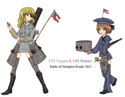 Rule 34 | american civil war, american flag, boots, chain, confederate flag, css virginia, ernest, eyepatch, garter straps, gun, hat, highres, historical event, military, military uniform, personification, smokestack, thighhighs, uniform, united states navy, uss monitor, weapon