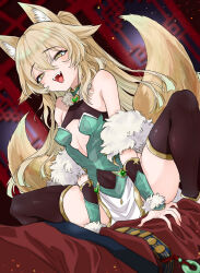 Rule 34 | 1girl, 1other, animal ear fluff, animal ears, assertive female, bare shoulders, black thighhighs, blonde hair, blush, breasts, commentary request, commission, detached sleeves, dress, fang, fingernails, fox ears, fox girl, fox tail, fur shawl, girl on top, hair flaps, highres, kanimura ebio, kitsune, lolibaba, long hair, multiple tails, open mouth, original, pelvic curtain, sharp fingernails, shawl, skeb commission, small breasts, smile, solo focus, squatting, tail, teeth, thighhighs, yellow eyes