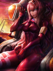Rule 34 | 10s, 1girl, absurdres, artofkuzu, bodysuit, breasts, candy, cockpit, covered navel, darling in the franxx, female masturbation, food, green eyes, hairband, highres, holding, horns, large breasts, lollipop, long hair, looking at viewer, masturbation, masturbation through clothes, pilot suit, pink hair, realistic, red bodysuit, sitting, sky, solo, white hairband, zero two (darling in the franxx)