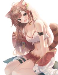 Rule 34 | 1girl, animal ear fluff, bare shoulders, bell, blush, braid, braided bangs, breasts, camisole, ciawasemono, cleavage, collar, crop top, ear piercing, fang, flower, french braid, hair flower, hair ornament, highres, jacket, jingle bell, leaning forward, long hair, long sleeves, looking at viewer, medium breasts, miniskirt, mole, mole on stomach, navel, neck bell, nijisanji, open clothes, open jacket, open mouth, piercing, pleated skirt, ratna petit, red collar, red flower, red panda ears, red panda girl, red panda tail, red ribbon, red skirt, revealing clothes, ribbon, sitting, skirt, sleeves past wrists, smile, solo, stomach, strap slip, thigh strap, very long hair, virtual youtuber, wariza, waving, white camisole, wide sleeves