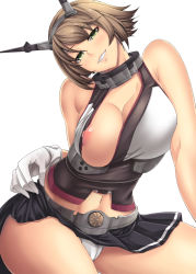 Rule 34 | 10s, 1girl, bare shoulders, blush, breasts, breasts out, brown hair, female focus, gloves, green eyes, headgear, huge breasts, kantai collection, kinntarou, looking at viewer, mutsu (kancolle), nipples, panties, pantyshot, parted lips, short hair, skirt, smile, solo, thighhighs, underwear