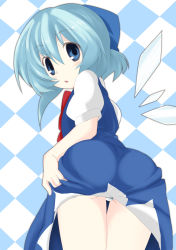 Rule 34 | ase (nigesapo), blue dress, blue eyes, blue hair, blue ribbon, blush, cirno, clothes lift, dress, highres, ice, ice wings, open mouth, panties, pantyshot, puffy short sleeves, puffy sleeves, ribbon, short hair, short sleeves, skirt, skirt lift, solo, touhou, underwear, wings