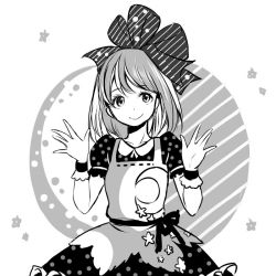 Rule 34 | 1girl, bow, crescent, crescent moon, flat chest, gloves, greyscale, hair bow, looking at viewer, monochrome, moon, smile, solo, star (symbol), zaxwu
