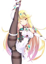 Rule 34 | 1girl, armpits, black pantyhose, blonde hair, breasts, chest jewel, close-up, clothing cutout, daive, green background, headpiece, highres, large breasts, leg hold, leg up, long hair, looking at viewer, mythra (massive melee) (xenoblade), mythra (xenoblade), nintendo, one eye closed, panties, pantyhose, simple background, skindentation, smile, solo, spirit (super smash bros.), split, standing, standing on one leg, standing split, super smash bros., swept bangs, thigh strap, underwear, very long hair, white background, xenoblade chronicles (series), xenoblade chronicles 2, yellow eyes