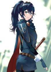 Rule 34 | 1girl, ameno (a meno0), armor, blue eyes, blue gloves, blue hair, blush, cape, falchion (fire emblem), fingerless gloves, fire emblem, fire emblem awakening, gloves, hair between eyes, hair ornament, highres, long hair, looking at viewer, lucina (fire emblem), nintendo, ponytail, simple background, smile, solo, sword, tiara, weapon