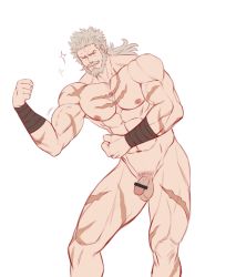 1boy abs absurdres bar_censor bara beard censored collarbone facial_hair feet_out_of_frame flaccid flexing granblue_fantasy highres k_sen212 large_pectorals long_hair male_focus manly muscular mustache navel nipples nude pectorals penis scar solo soriz sparkle thick_thighs thighs underwear underwear_only