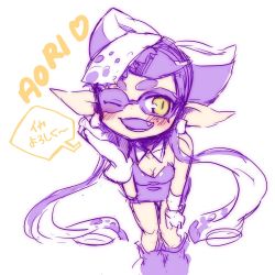 Rule 34 | 1girl, ;d, breasts, callie (splatoon), character name, cleavage, detached collar, dress, earrings, fangs, food, food on head, gloves, heart, inkling, jewelry, leaning forward, long hair, mikotox, nintendo, object on head, one eye closed, open mouth, pointy ears, purple theme, simple background, small breasts, smile, solo, splatoon (series), splatoon 1, strapless, strapless dress, sushi, tentacle hair, unitard, yellow eyes