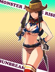 Rule 34 | 1girl, absurdres, belt, bikini, black belt, boots, breasts, brown hat, capcom, cleavage, copyright name, cowboy hat, dual wielding, eyeshadow, gloves, gunblade, hat, highres, hinoa, holding, ishiyumi, long hair, looking at viewer, low-tied long hair, makeup, medium breasts, monster hunter (character), monster hunter (series), monster hunter rise, one eye closed, red eyeshadow, red footwear, smile, solo, striped bikini, striped clothes, swimsuit, thigh boots, very long hair, weapon, white bikini, white gloves