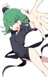 1girl absurdres black_dress blush breasts covered_navel dress flipped_hair green_eyes green_hair high_collar highres long_sleeves looking_at_viewer luke_(dydansgur) medium_hair one-punch_man open_mouth outstretched_arms side_slit simple_background small_breasts solo spread_arms tatsumaki white_background