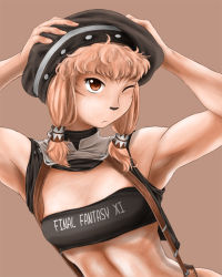 Rule 34 | 00s, 1girl, armpits, bare shoulders, breasts, brown eyes, brown hair, clothes writing, commentary request, copyright name, final fantasy, final fantasy xi, frown, hands on own head, hat, matatabi (matatabifv), midriff, mithra (ff11), one eye closed, short hair, simple background, small breasts, solo, suspenders, toned, wink