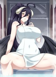 Rule 34 | 1girl, ahoge, albedo (overlord), bare shoulders, black hair, black wings, blush, breasts, collarbone, commentary, commission, curled horns, demon girl, demon horns, english commentary, foreshortening, gluteal fold, hair between eyes, hand up, high ponytail, highres, horns, indoors, large breasts, lindaroze, long hair, looking at viewer, low wings, naked towel, overlord (maruyama), parted lips, patreon username, sitting, soaking feet, solo, spread legs, steam, thighs, towel, twitter username, water, watermark, web address, wings, yellow eyes