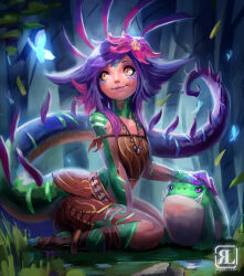 Rule 34 | 1girl, animal, artist name, bare shoulders, blue hair, brown skirt, bug, butterfly, closed mouth, colored skin, flower, frog, from side, grass, green skin, hair flower, hair ornament, highres, insect, jewelry, league of legends, multicolored hair, necklace, neeko (league of legends), outdoors, photoshop (medium), pink flower, reagan long, sitting, skirt, smile, solo, tail, two-tone hair