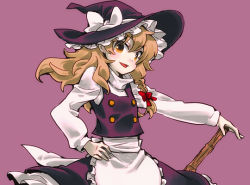 Rule 34 | 1girl, apron, blonde hair, braid, hair ribbon, hand on own hip, hat, kirisame marisa, long hair, looking at viewer, mecco, purple background, ribbon, smile, solo, touhou, witch hat, yellow eyes