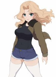 Rule 34 | 1girl, black shirt, blonde hair, blue eyes, blue shorts, brown jacket, closed mouth, commentary, cowboy shot, denim, denim shorts, girls und panzer, hair intakes, highres, jacket, kay (girls und panzer), light frown, lips, long hair, long sleeves, looking at viewer, military, military uniform, open clothes, open jacket, saunders military uniform, shirt, short shorts, shorts, solo, standing, thighhighs, uniform, wata do chinkuru, white thighhighs, wind