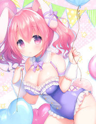 Rule 34 | 1girl, animal ears, balloon, bare shoulders, blush, bow, breasts, closed mouth, ear ribbon, fake animal ears, frilled leotard, frills, hair between eyes, hands up, holding, holding balloon, large breasts, leotard, looking at viewer, original, pennant, playboy bunny, purple bow, purple eyes, purple leotard, purple ribbon, rabbit ears, red hair, ribbon, sakura (usashiro mani), sidelocks, smile, solo, star (symbol), strapless, strapless leotard, string of flags, twintails, usashiro mani, wrist cuffs