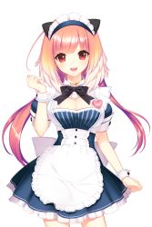 Rule 34 | 1girl, apron, badge, blue dress, breasts, button badge, dress, hand up, highres, long hair, maid, maid apron, maid headdress, medium breasts, official art, open mouth, pink hair, red eyes, selena (soccer spirits), shirahane nao, smile, soccer spirits, transparent background