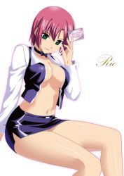 Rule 34 | 1girl, bad id, bad pixiv id, breasts, card, cleavage, green eyes, hechima, midriff, miniskirt, open clothes, open shirt, pencil skirt, pink hair, red hair, rio rollins, shirt, short hair, skirt, solo, super blackjack, transparent background