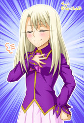 Rule 34 | 1girl, blush, closed mouth, closed eyes, fate/stay night, fate (series), gyatto624, hair between eyes, highres, illyasviel von einzbern, long hair, long sleeves, pink neckwear, pleated skirt, purple shirt, shirt, silver hair, skirt, smile, smug, solo, standing, white skirt, wing collar