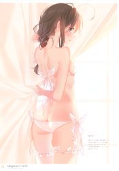 Rule 34 | 1girl, absurdres, ahoge, ass, blue eyes, braid, brown hair, curtains, hair ornament, highres, kantai collection, long hair, naoto (tulip), page number, scan, see-through, shigure (kancolle), simple background, single braid, solo, thigh strap, thighs