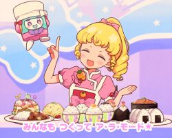 Rule 34 | 1girl, 5.5, :d, ^ ^, apron, blonde hair, bow, bowl, carrot, chef hat, cherry, closed eyes, commentary request, cooking idol ai! mai! main!, cosplay, curry, curry rice, dress, facing viewer, food, food pick, fruit, hair bow, hands up, hat, hiiragi mine, hiiragi mine (cosplay), idol time pripara, index finger raised, long hair, lyrics, onigiri, open mouth, parody, pink bow, pink dress, ponytail, pretty series, pripara, puffy short sleeves, puffy sleeves, rice, rice bowl, rice cooker, short sleeves, smile, takki (pripara), translation request, upper body, yumekawa yui